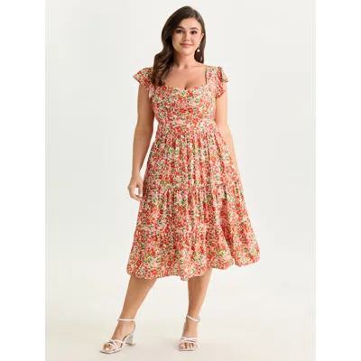 Bloomchic Women's Plus Size Floral Print Sweetheart Neckline Midi Dress Orangered Ditsy Floral Maxi Elegant 12