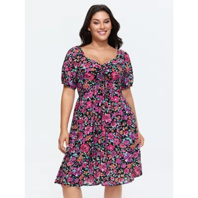 Bloomchic Women's Plus Size Floral Print Sweetheart Neckline Mini Dress Blackflower Floral Knee Length Casual 