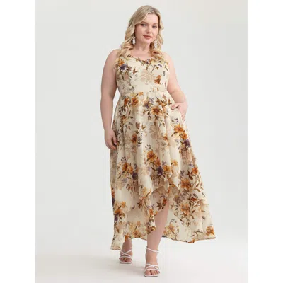Bloomchic Women's Plus Size Floral Print Sweetheart Neckline Slit Maxi Dress Apricot Ditsy Floral Maxi Elegant In Orange