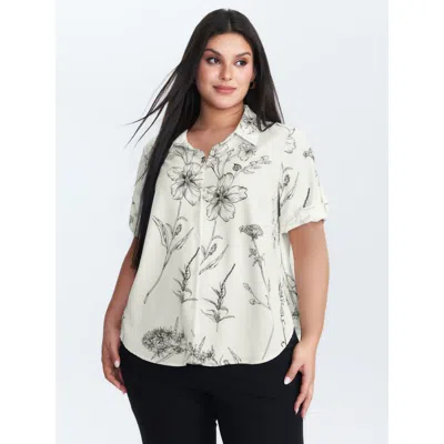 Bloomchic Women's Plus Size Floral Print Tab Sleeve Button-down Blouse Multicolor Floral Office Half Sleeve 12