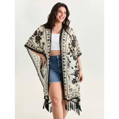 Bloomchic Women's Plus Size Floral Print Tassel Hem Open-front Kimono Blackflower Tassels A-line 18-20/2x
