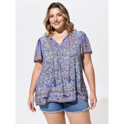 Bloomchic Women's Plus Size Floral Print Tassel Ruffled Sleeve Blouse Darkviolet Ethnic Floral Vacation Short 
