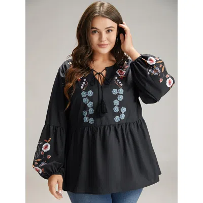 Bloomchic Women's Plus Size Floral Print Tassels Knot Neck Lantern Sleeve Blouse Black Vacation Long Sleeve 14