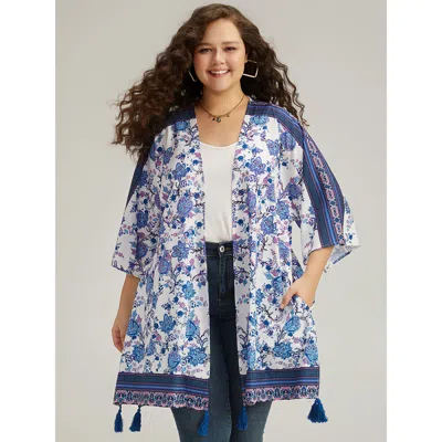 Bloomchic Women's Plus Size Floral Print Tassels Trim Split Side Kimono Cerulean Drape Pocket 10/m In Blue