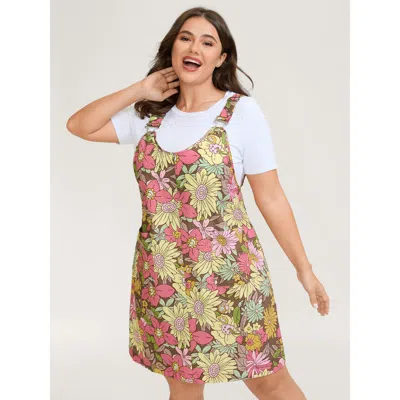 Bloomchic Women's Plus Size Floral Print Textured Overall Straps Dress Yellowishbrown Floral Short Casual Adju