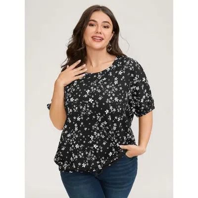 Bloomchic Women's Plus Size Floral Print Textured Puffy Sleeve Blouse Black Ditsy Floral Elegant Half Sleeve 1
