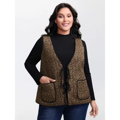 Bloomchic Women's Plus Size Floral Print Three Ties Quilted Vest Darkbrown Colorblock 10/m In Brown