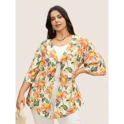 Bloomchic Women's Plus Size Floral Print Tie Knot Ruffle Sleeve Kimono Multicolor Ruffles X-line 12/l