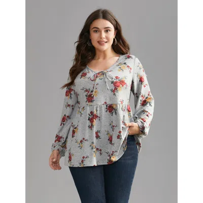 Bloomchic Women's Plus Size Floral Print Tie Knot T-shirt Darkgray Floral Everyday Extra Long Sleeve 10/m In Gray