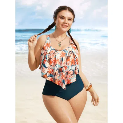 Bloomchic Women's Plus Size Floral Print Tiered Ruffles One Piece Swimsuit Cyan Floral Gathered Adaptive-fit 3 In Blue