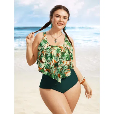 Bloomchic Women's Plus Size Floral Print Tiered Ruffles One Piece Swimsuit Darkgreen Floral Gathered Adaptive- In Green