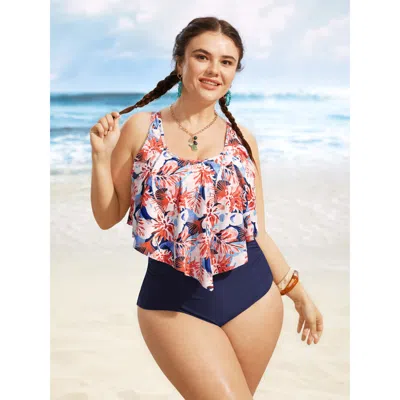 Bloomchic Women's Plus Size Floral Print Tiered Ruffles One Piece Swimsuit Indigo Floral Gathered Adaptive-fit In Purple