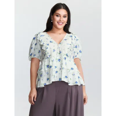 Bloomchic Women's Plus Size Floral Print Tiered V-neck Blouse Originalwhite Ditsy Floral Elegant Long Sleeve 1