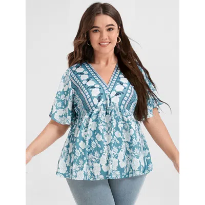 Bloomchic Women's Plus Size Floral Print Ties Ruffled Babydoll V Neck Blouse Lightblue Floral Dailywear Short  In Blue
