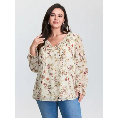 Bloomchic Women's Plus Size Floral Print Toothpick Pleats Blouse Beige Floral Elegant Long Sleeve V-neck 14-16 In Sand
