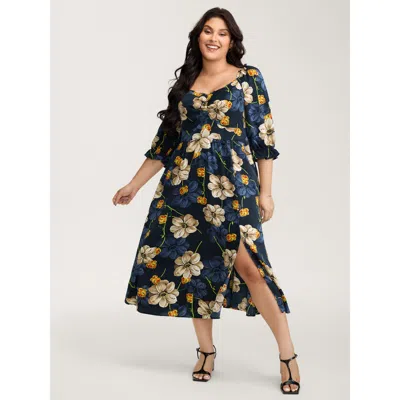 Bloomchic Women's Plus Size Floral Print Triangular Waist Cinched Midi Dress Indigo Floral Midi Elegant 10/m In Purple