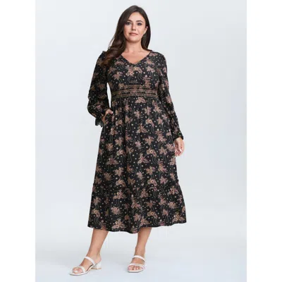 Bloomchic Women's Plus Size Floral Print Triangular Waist Midi Dress Blackflower Floral Midi Elegant Ruched 10