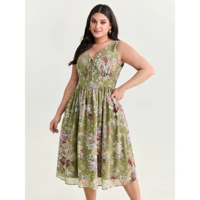 Bloomchic Women's Plus Size Floral Print Triangular Waist Midi Dress Lightgreen Floral Maxi Elegant 12/l