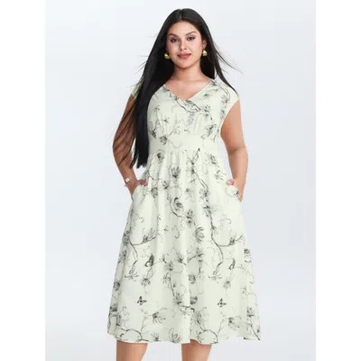 Bloomchic Women's Plus Size Floral Print Triangular Waist Midi Dress Whitesmoke Floral Midi Office 30/6x