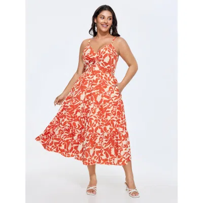 Bloomchic Women's Plus Size Floral Print Twist Front Midi Dress Coral Leaf Maxi Elegant 10/m In Orange