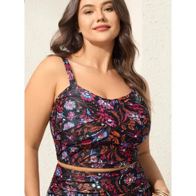 Bloomchic Women's Plus Size Floral Print Twist Front Swim Top Black Botanical Sleeveless Twist Adaptive-fit 12