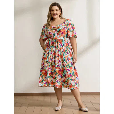 Bloomchic Women's Plus Size Floral Print Twist Knot Midi Dress Multicolor Floral Midi Elegant Twist 10/m