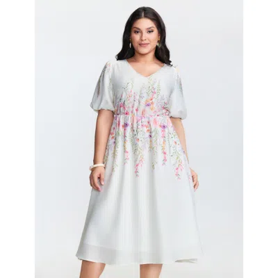 Bloomchic Women's Plus Size Floral Print V-neck Bubble Sleeve Midi Dress Opticwhite Floral Midi Elegant 22-24/ In White