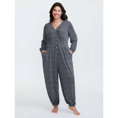 Bloomchic Women's Plus Size Floral Print V-neck Button Front Lounge Jumpsuit Indigo Natural Flowers Maxi 10/m In Purple