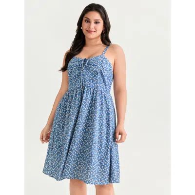 Bloomchic Women's Plus Size Floral Print V-neck Cami Mini Dress Skyblue Ditsy Floral Length Elegant 10/m In Blue
