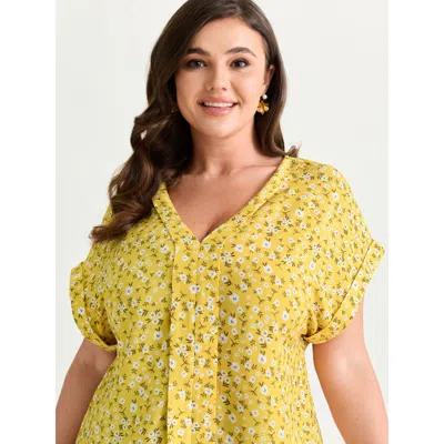 Bloomchic Women's Plus Size Floral Print V-neck Dolman Sleeve Blouse Lemonyellow Ditsy Floral Elegant Cap Slee