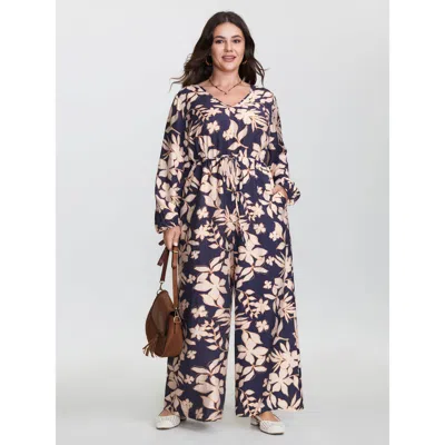 Bloomchic Women's Plus Size Floral Print V-neck Drawstring Waist Jumpsuit Darkblue Vacation Relaxed Fit 12/l In Blue