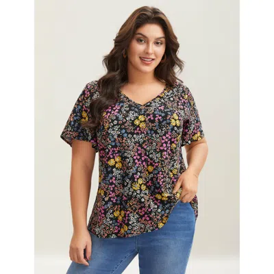 Bloomchic Women's Plus Size Floral Print V-neck Flowy Blouse Black Ditsy Floral Vacation Short Sleeve V-neck 1