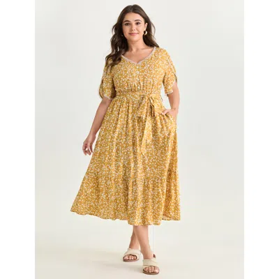 Bloomchic Women's Plus Size Floral Print V-neck Petal Sleeve Midi Dress Lemonyellow Ditsy Floral Longline Casu
