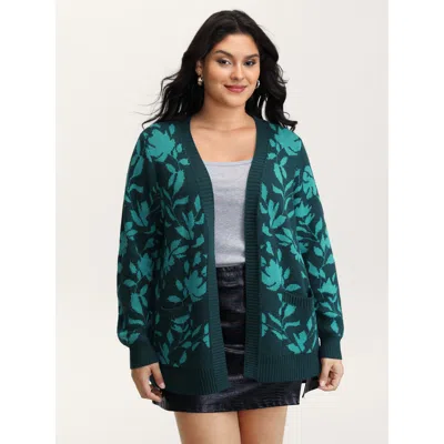 Bloomchic Women's Plus Size Floral Print V-neck Ribbed Knit Cardigan Cyan Long Sleeve 10/m In Blue