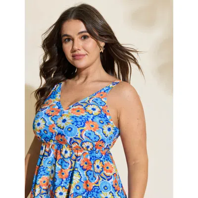 Bloomchic Women's Plus Size Floral Print V-neck Swim Top Cerulean Ditsy Floral Sleeveless Non Adjustable Strap In Blue