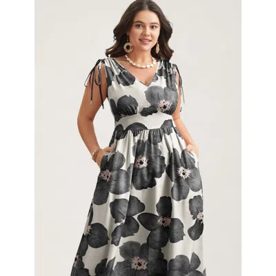 Bloomchic Women's Plus Size Floral Print V-neck Tied Midi Dress Black Floral Midi Elegant Ruched 10/m