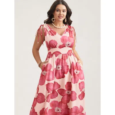Bloomchic Women's Plus Size Floral Print V-neck Tied Midi Dress Blush Floral Midi Elegant Ruched 28/5x In Pink