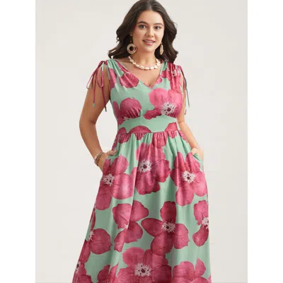 Bloomchic Women's Plus Size Floral Print V-neck Tied Midi Dress Redviolet Floral Midi Elegant Ruched 14-16/1x