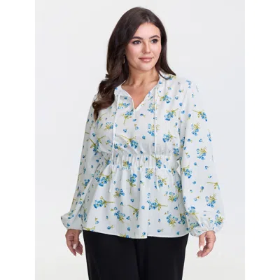 Bloomchic Women's Plus Size Floral Print Waist Defining Neck Tie Blouse Ivory Floral Elegant Long Sleeve 12/l In White