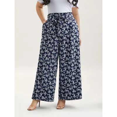 Bloomchic Women's Plus Size Floral Print Waist Stretchy Wide Leg Pants Indigo Ditsy Floral Wide Leg Mid Rise C In Purple