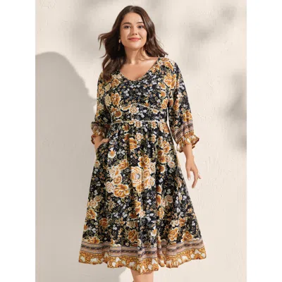 Bloomchic Women's Plus Size Floral Print Waist-cinched Contrast Midi Dress Blackflower Floral Midi Vacation Wo
