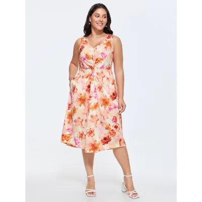 Bloomchic Women's Plus Size Floral Print Waist-defining Midi Dress Orangered Floral Maxi Elegant Twist 10/m