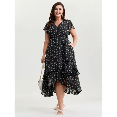 Bloomchic Women's Plus Size Floral Print Waist-tie High Low Hem Midi Dress Black Ditsy Floral Midi Elegant See