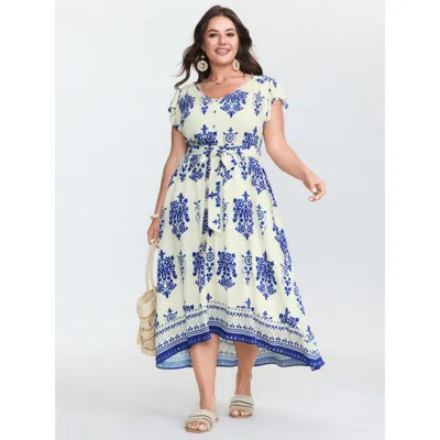 Bloomchic Women's Plus Size Floral Print Waist-tie Pockets Midi Dress Originalwhite Bohemian Print Midi Vacati
