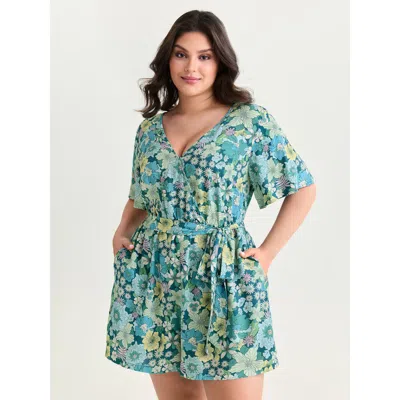 Bloomchic Women's Plus Size Floral Print Waist-tie Romper Emerald Casual 10/m In Green