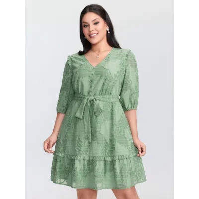 Bloomchic Women's Plus Size Floral Print Waist-tie Ruffled Mini Dress Mint Synthetic Texture Short Elegant Tie In Green