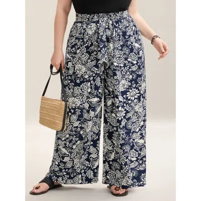 Bloomchic Women's Plus Size Floral Print Waist-tie Straight-leg Pants Indigo Floral Wide Leg Mid Rise Everyday In Purple