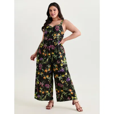 Bloomchic Women's Plus Size Floral Print Wide Straps Ruched Jumpsuit Black Elegant Fitted 10/m