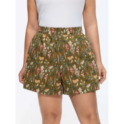 Bloomchic Women's Plus Size Floral Print Wide Waistband Shorts Moss Elegant Straight Fit Ruched Shorts 12/l In Green
