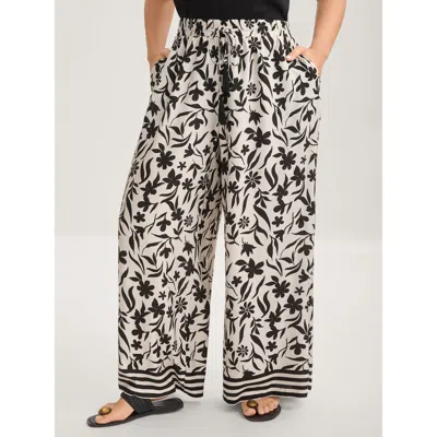 Bloomchic Women's Plus Size Floral Print Wide-leg Contrast Pants Blackflower Graphic Wide Leg Mid Rise Vacatio